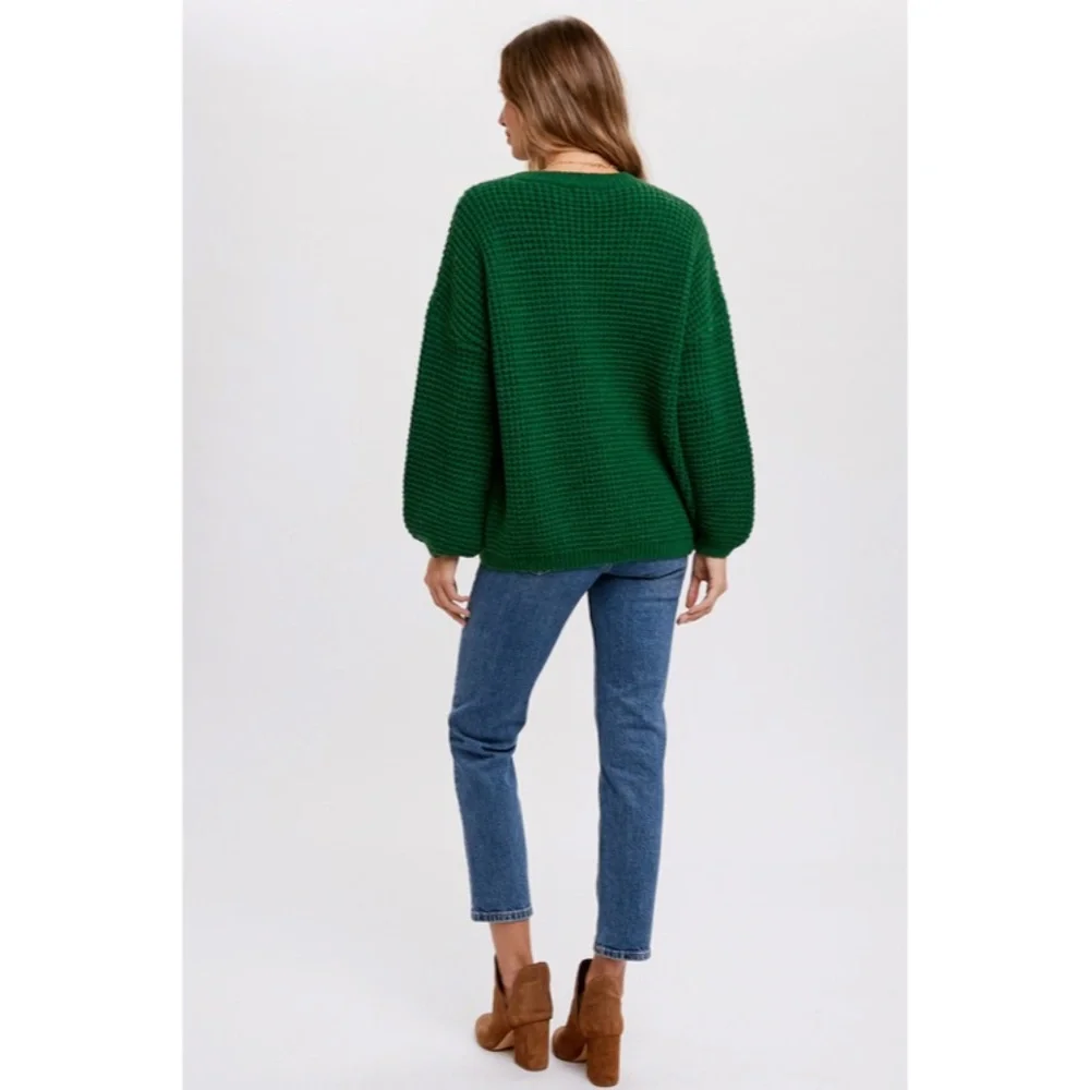 SOLD OUT Forest Green Waffle Knit Pullover Chunky Wide Puff Sleeve Casual - Picture 8 of 8